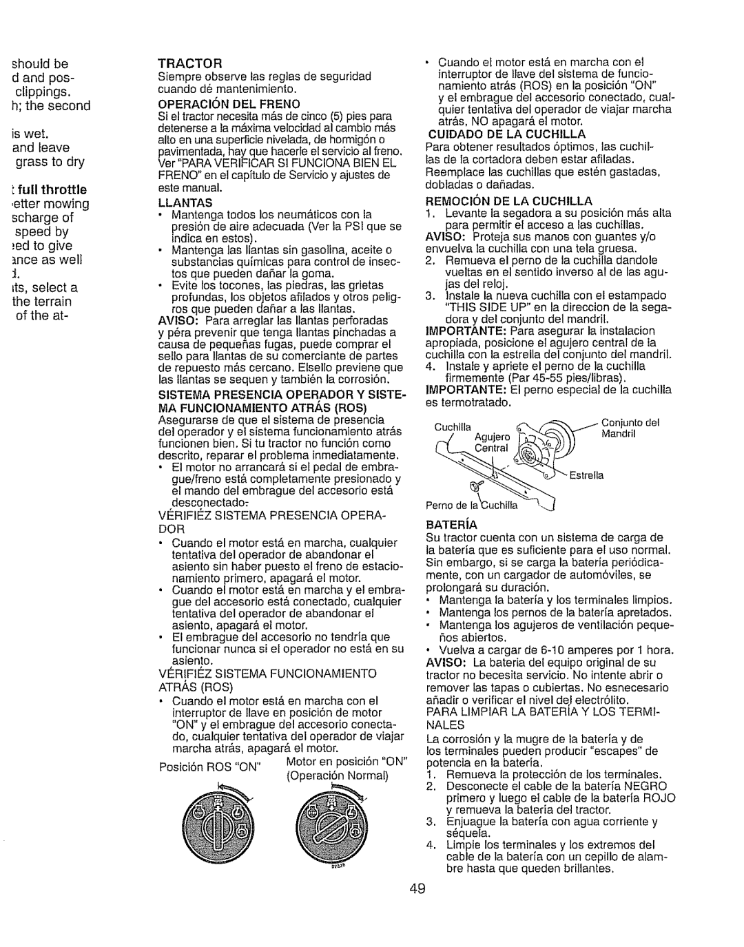 Craftsman 917.289280 manual Cuidado DE LA Cuchilla, BATERiA 