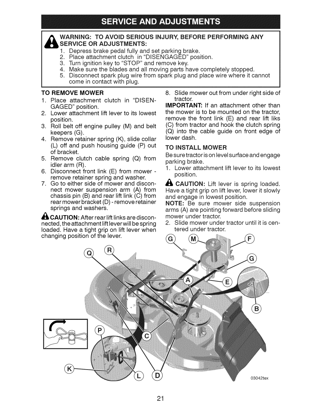 Craftsman 917.289281 manual To Remove Mower, To Install Mower 