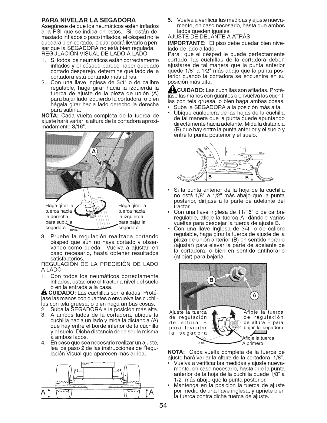 Craftsman 917.289281 manual Para Nivelar LA Segadora, Regulacion Visual DE Lado a Lado, Ajuste DE Delante a ATR,S 