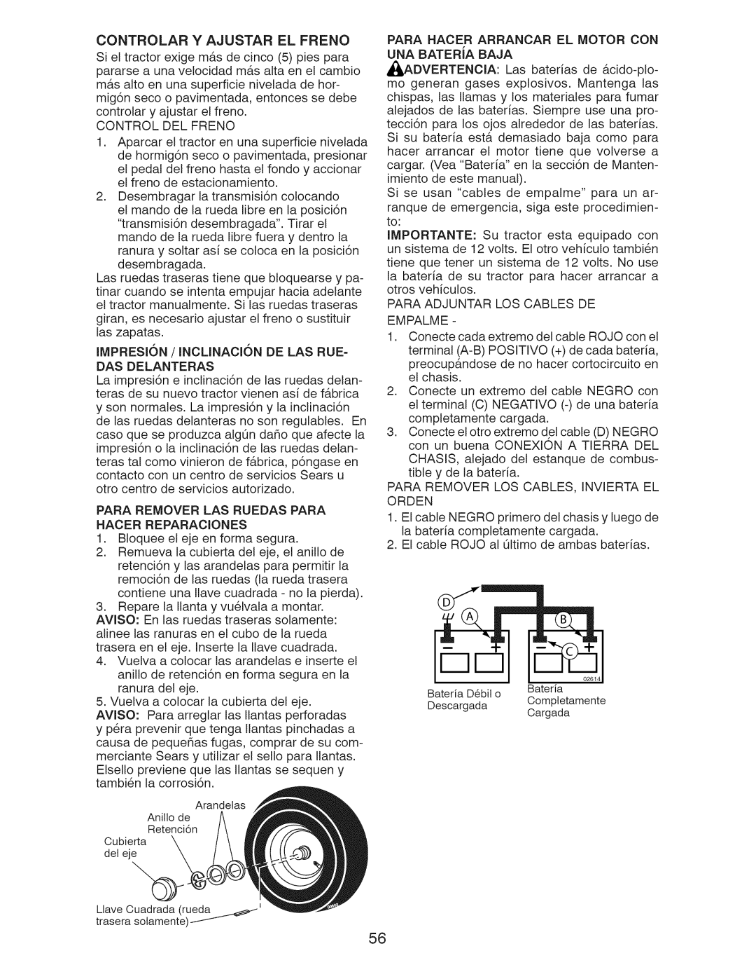 Craftsman 917.289281 manual IMPRESI6N/ Inclinacion DE LAS RUE- DAS Delanteras, Para Adjuntar LOS Cables DE Empalme 