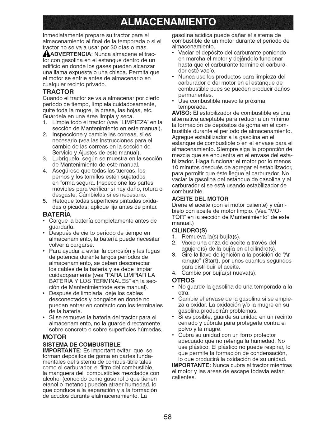 Craftsman 917.289281 manual Otros, Sistema DE Combustible, Aceite DEL Motor 