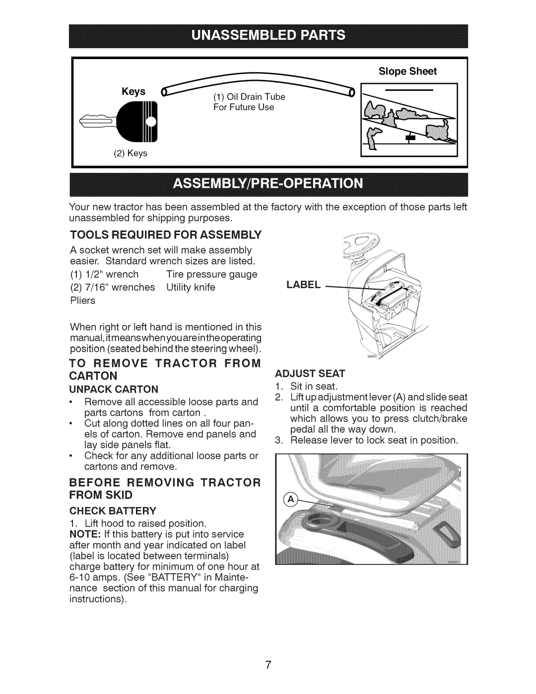 Craftsman 917.289281 manual Keys Slope Sheet, Tools 