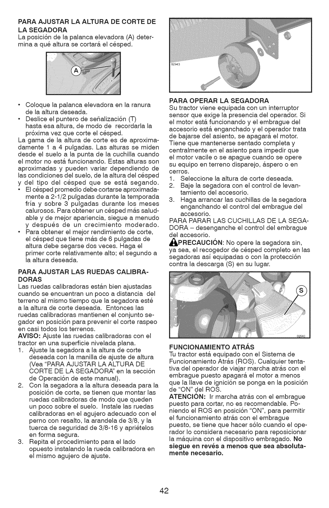 Craftsman 917.28934 owner manual Para Ajustar LA Altura DE Corte DE LA Segadora, Para Ajustar LAS Ruedas CALIBRA- Doras 