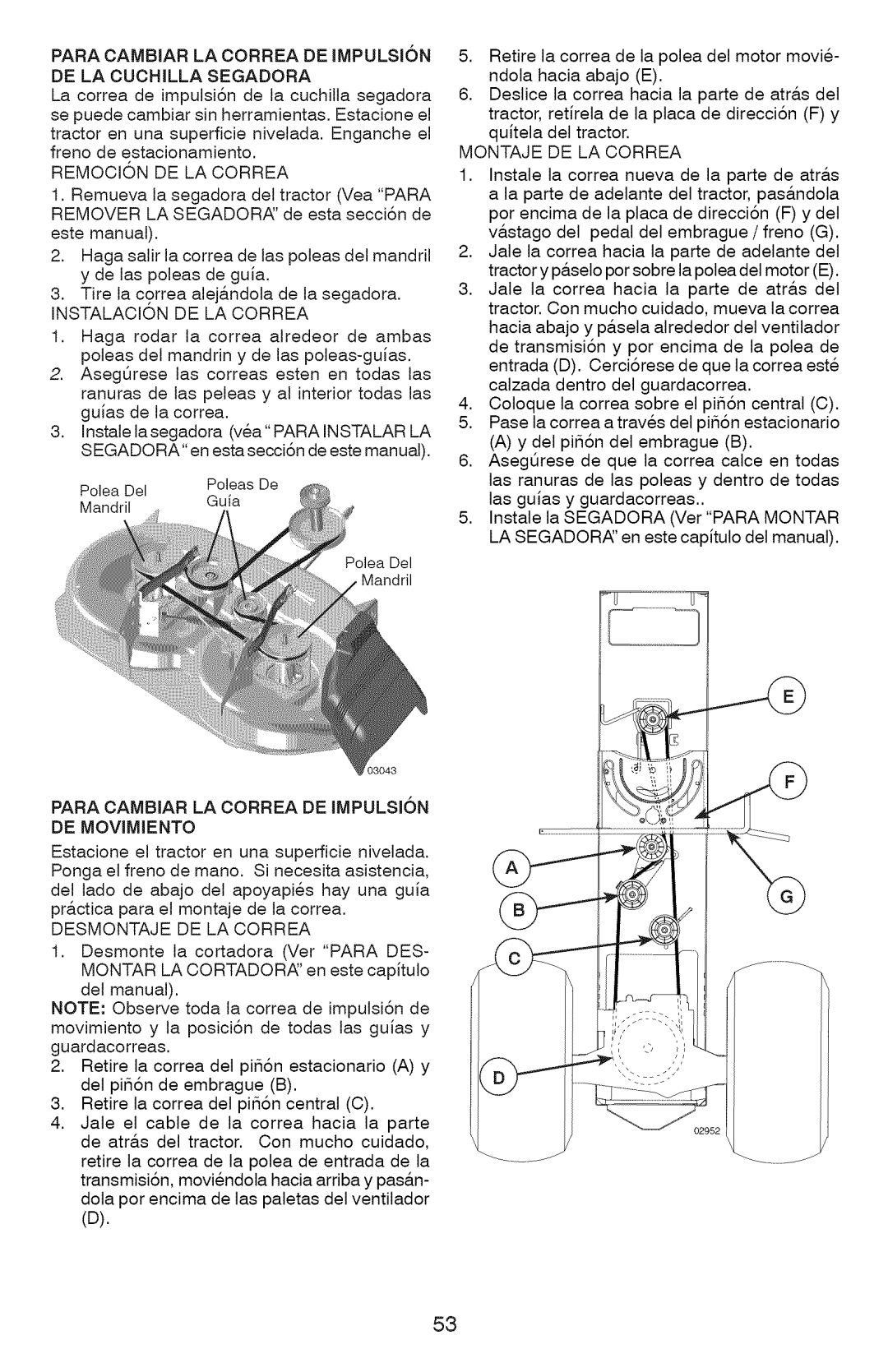 Craftsman 28934 Para Cambiar LA Correa DE Impulsion DE LA Cuchilla Segadora, REMOCI6N DE LA Correa, Montaje DE LA Correa 