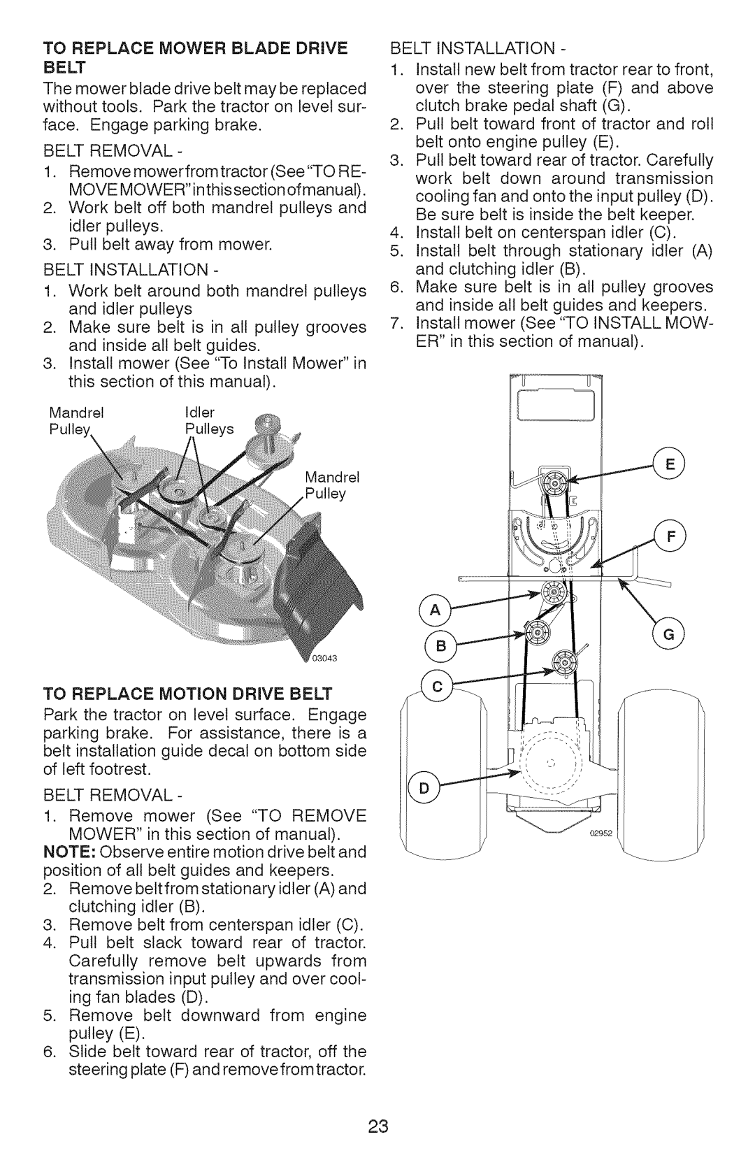 Craftsman 917.28934 owner manual To Replace Mower Blade Drive, To Replace Motion Drive Belt 