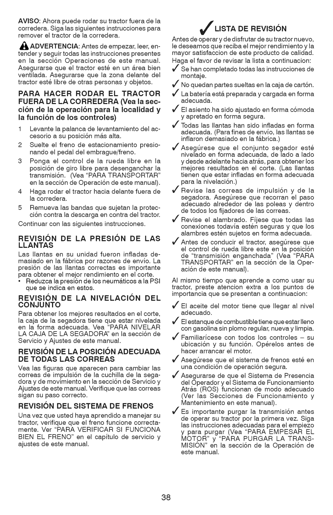 Craftsman 917.28934 owner manual Llantas, Conjunto, De Todas Las Correas, REVlSI6N DEL SISTEMA DE FRENOS, Ljsta De Revision 
