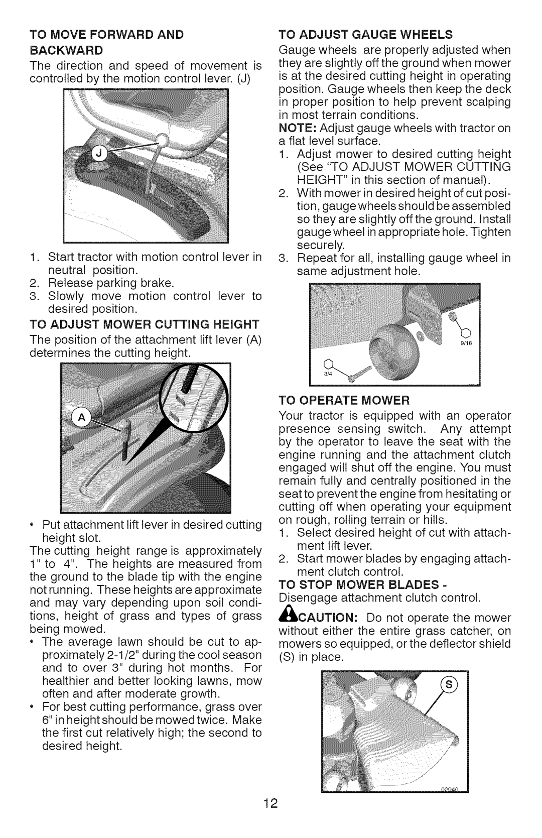 Craftsman 917.289360 To Move Forward Backward, To Adjust Mower Cutting Height, To Adjust Gauge Wheels, To Operate Mower 