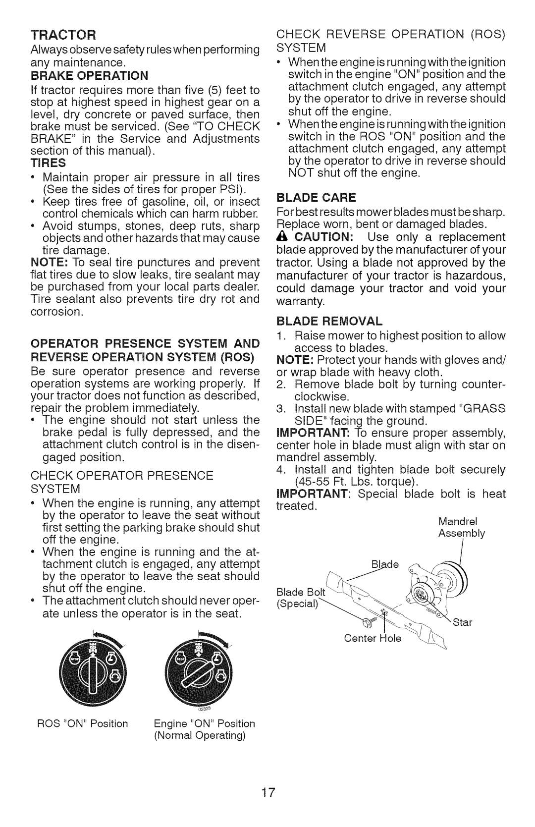 Craftsman YT 4000, 917.289360 owner manual Tires, Operator Presence System 