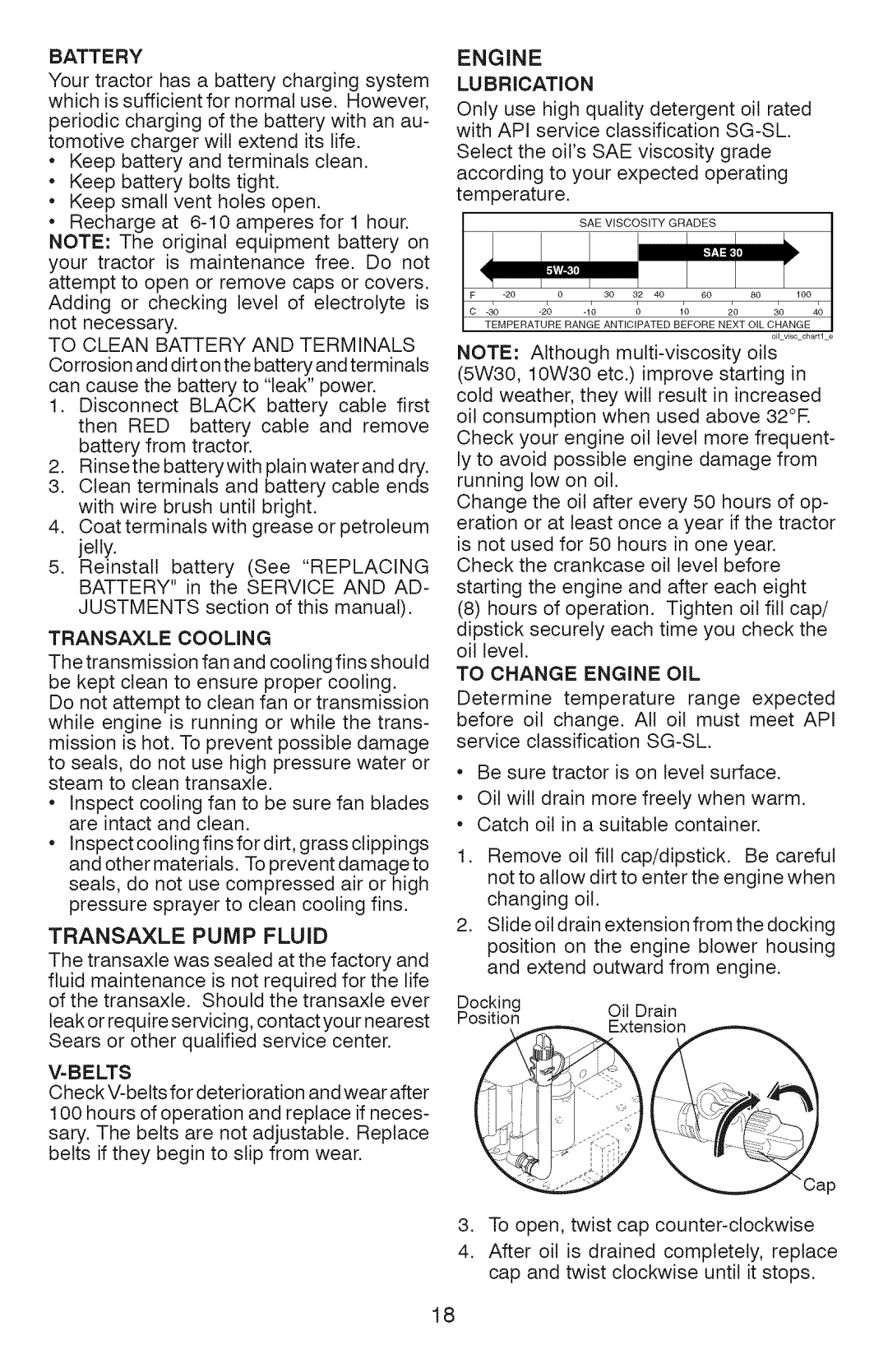 Craftsman 917.289360, YT 4000 owner manual Battery, Transaxle Cooling, Transaxle Pump Fluid, Belts, Engine LU Brication 