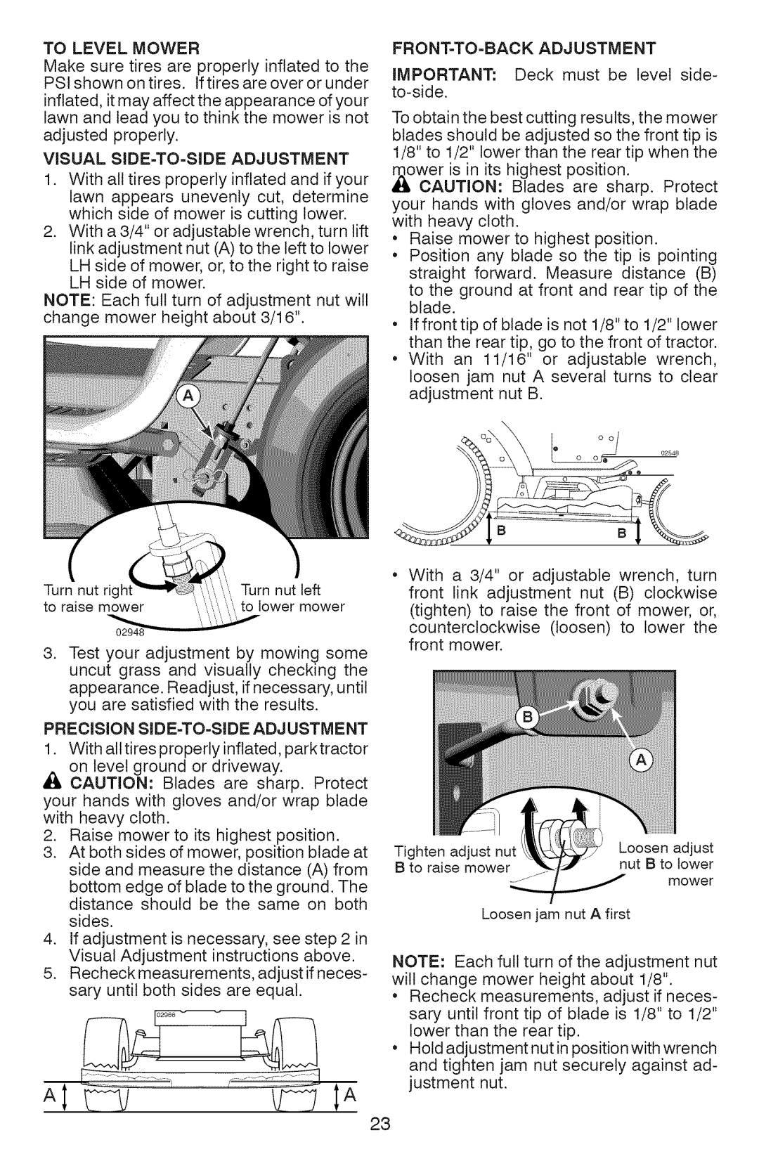 Craftsman YT 4000, 917.289360 owner manual To Level Mower, Visual SIDE=TO-SIDE Adjustment, FRONT-TO-BACK Adjustment 