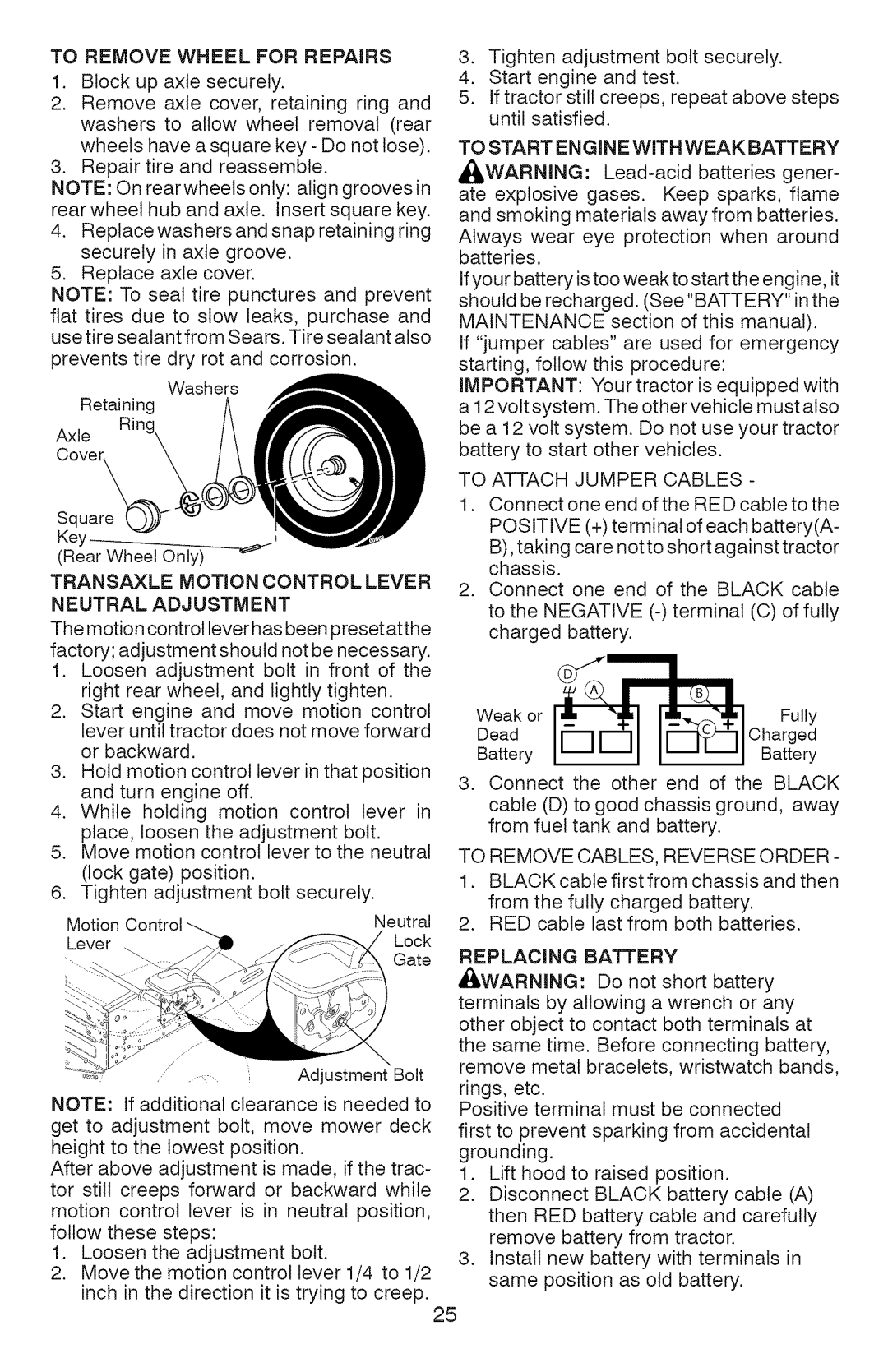 Craftsman 917.28936 To Remove Wheel for Repairs, Transaxle Motion Control Lever Neutral Adjustment, Replacing Battery 