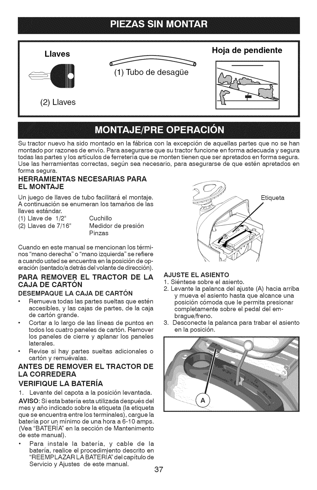 Craftsman 917.289360, YT 4000 Herramientas, Necesarias, Para EL Montaje, Antes DE Remover EL Tractor DE LA Corredera 