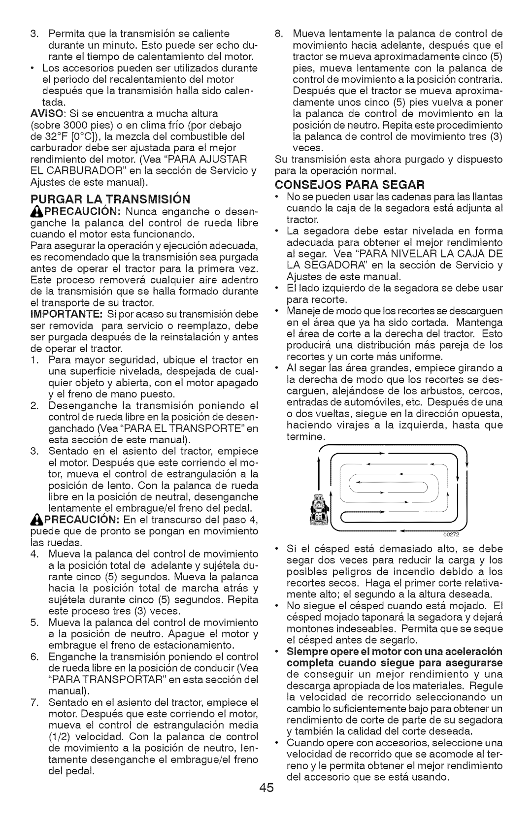 Craftsman 917.289360, YT 4000 owner manual Purgar LA Transmision, Consejos Para Segar 