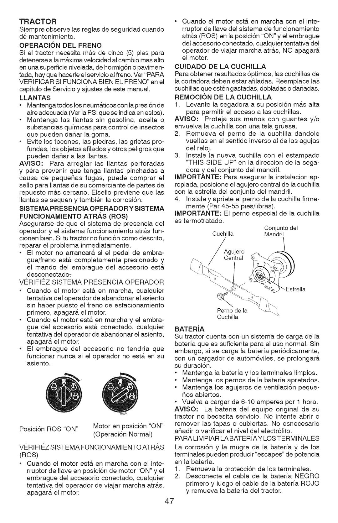 Craftsman YT 4000 Tractor, Operaoion DEL Freno, Llantas, Funoionamiento ATR.&S ROS, Verifiezsistema Presencia Operador 