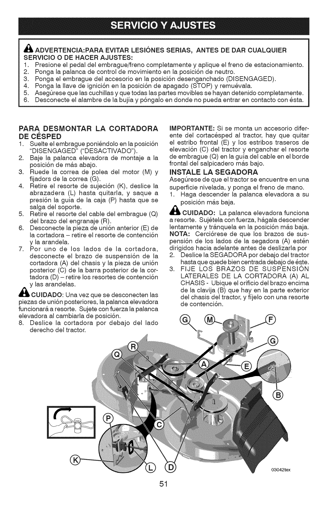 Craftsman 917.289360, YT 4000 owner manual Para Desmontar LA Cortadora, Instale LA Segadora, Fije LOS Brazos DE Suspension 