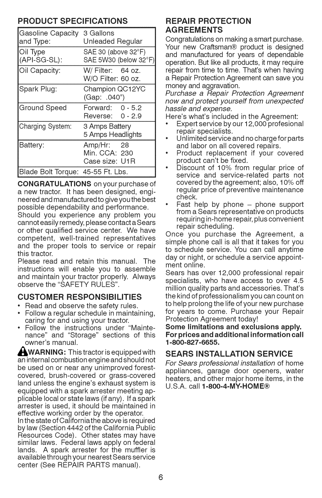 Craftsman 917.289360 Api-Sg-Sl, U1R, Customer Responsibilities, Repair Protection Agreements, Sears Installation Service 