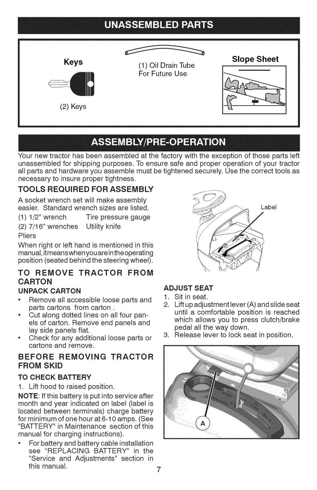 Craftsman 917.289360, YT 4000 Tools Required for Assembly, To Remove Tractor from Carton Unpack Carton, Adjust Seat 