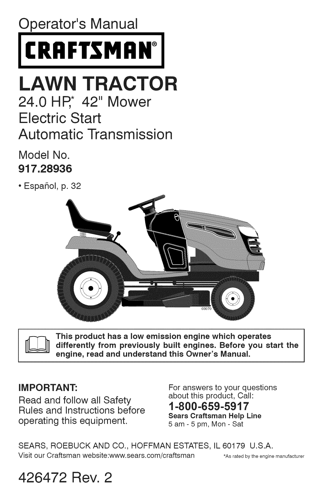 Craftsman 917.28936, YT 4000 owner manual Law Tractor, Operators Manual, Craftsman, 426472 Rev, operating this equipment 