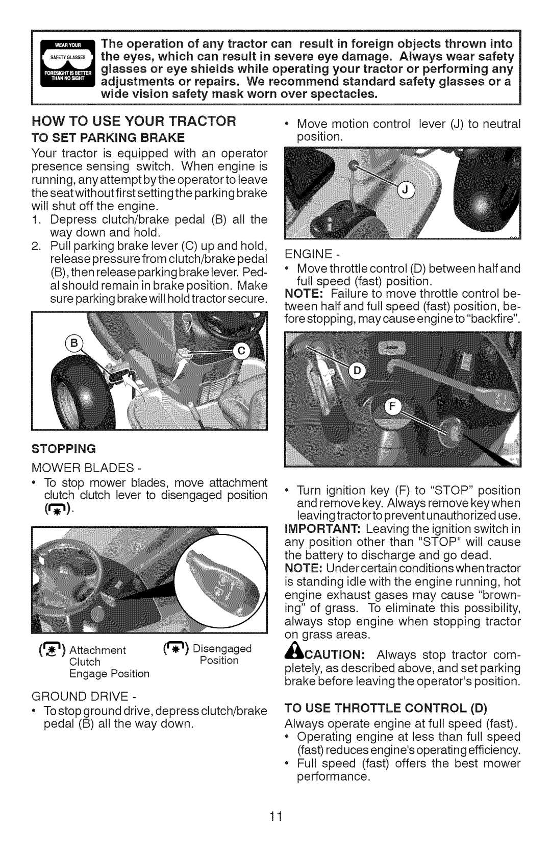 Craftsman 917.289362 owner manual To SET Parking Brake, Stopping 