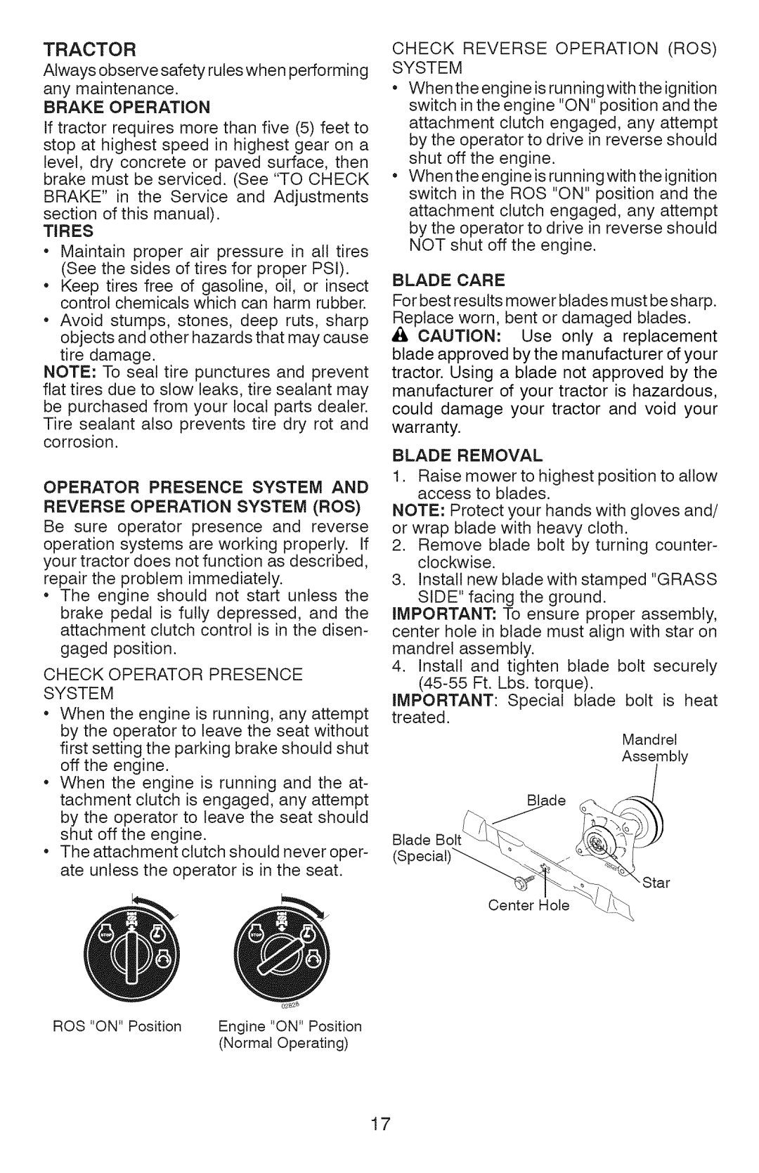 Craftsman 917.289362 owner manual Tires, Operator Presence System 