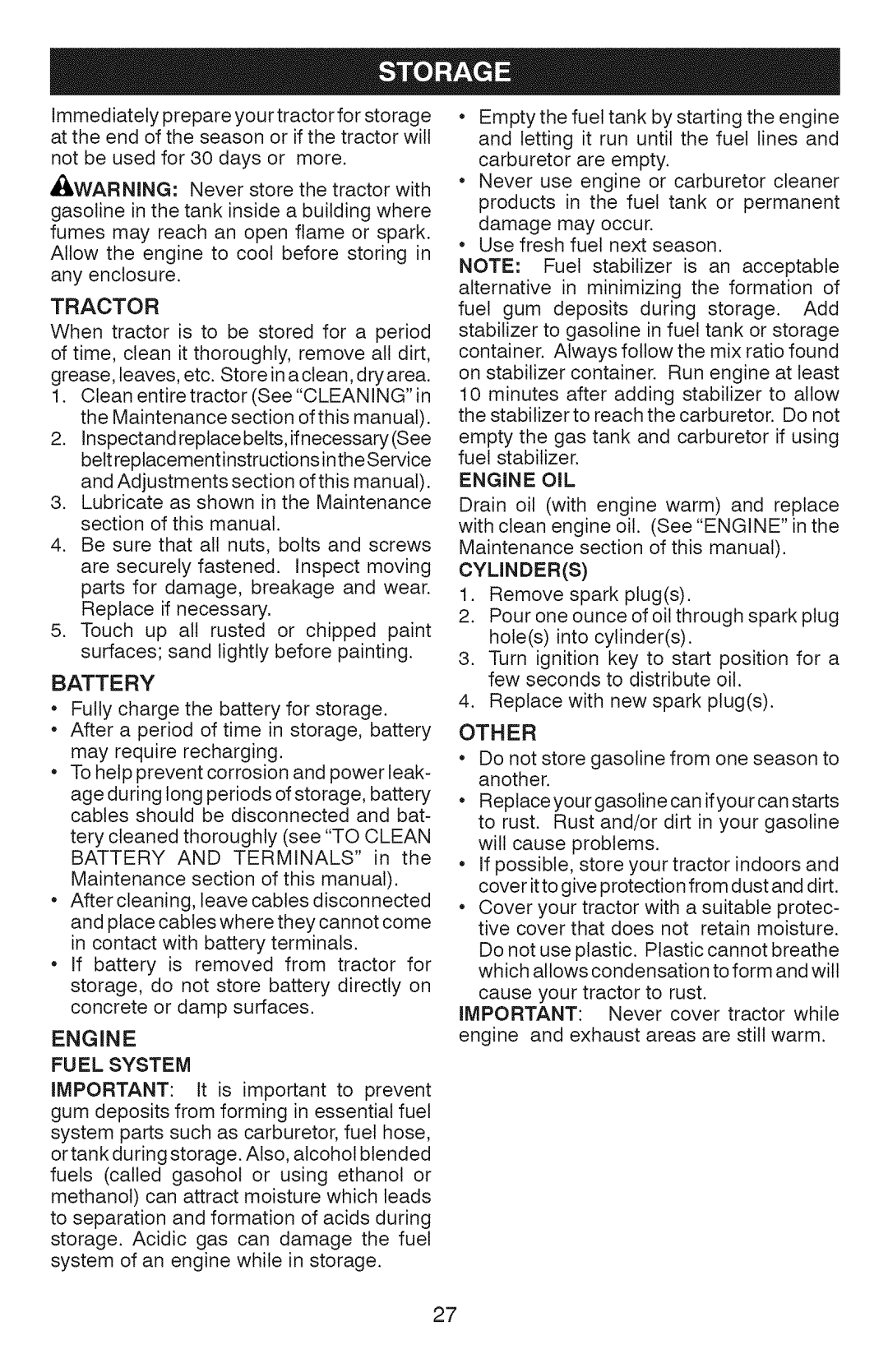 Craftsman 917.289362 owner manual Battery, Fuel System, Engine OIL, Cylinders, Other 