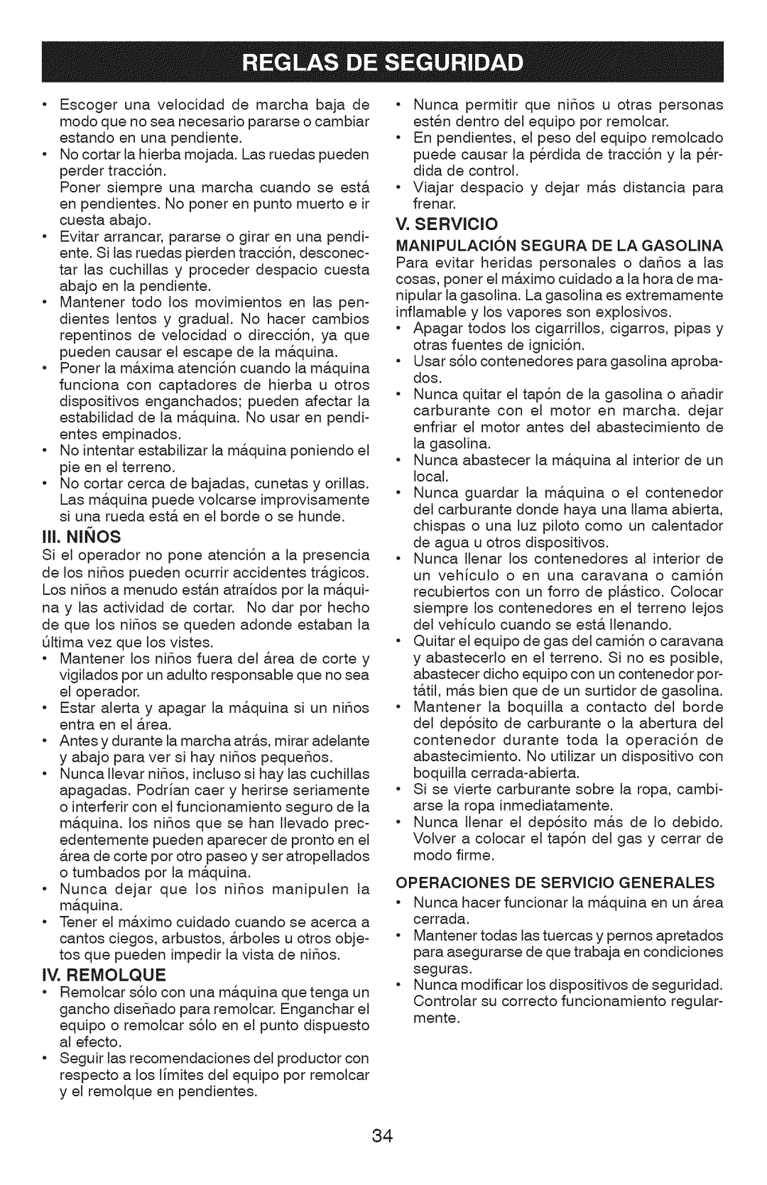 Craftsman 917.289362 owner manual IV, Remolque, MANIPULACI6N Segura DE LA Gasolina 