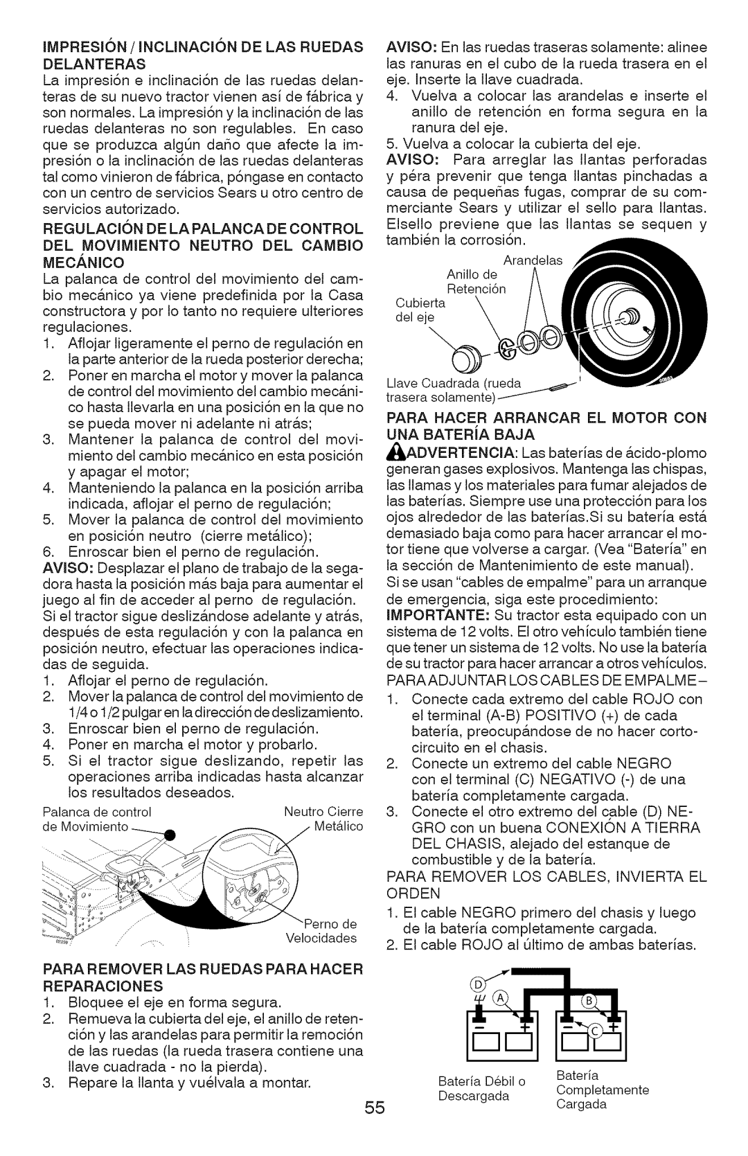 Craftsman 917.289362 owner manual IMPRESI6N / Inclinacion DE LAS Ruedas Delanteras, Regulacion DE LA Palanca DE Control 