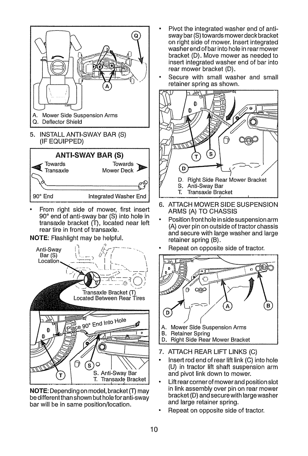 Craftsman 917.28945 owner manual Anti-Sway Bar S, Attach Mower Side Suspension Arms a to Chassis, Attach Rear Lift Links C 