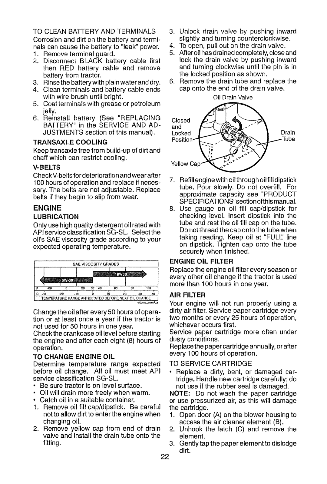 Craftsman 917.28945 owner manual Transaxle Cooling, Belts, Engine Lubrication, AIR Filter 