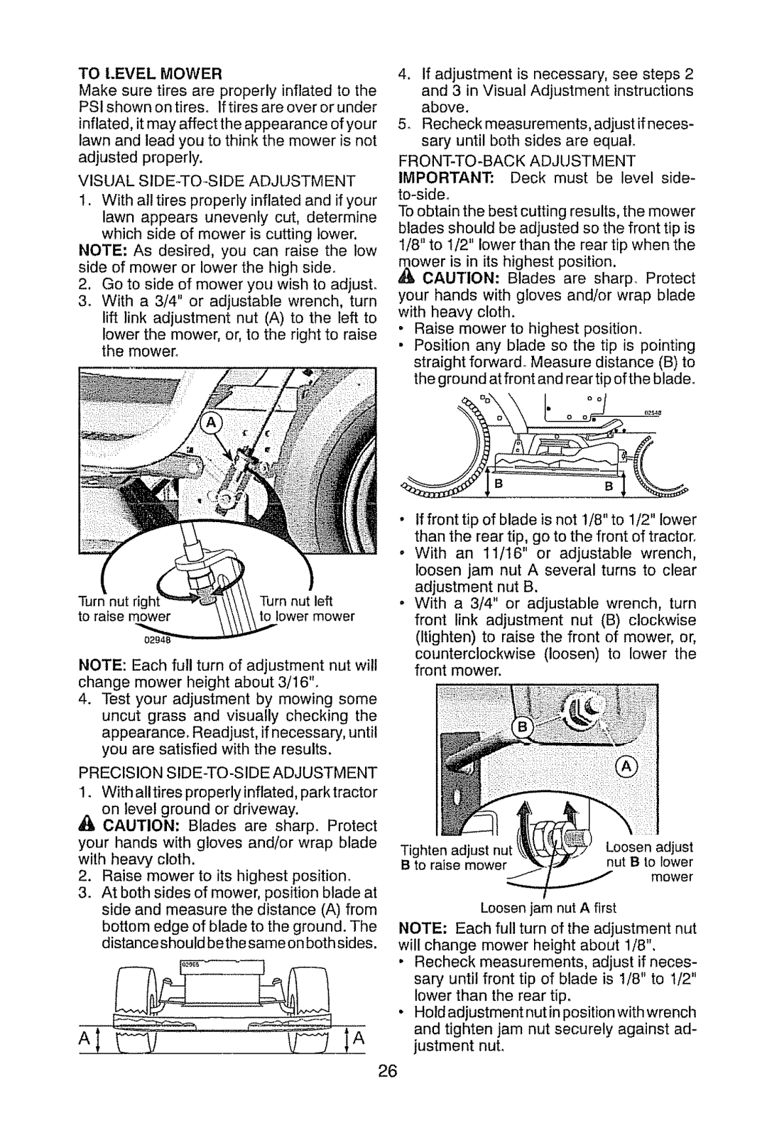 Craftsman 917.28945 owner manual To Level Mower, Visual SIDE-TO-SIDE Adjustment, Precision SIDE-TO-SIDE Adjustment 