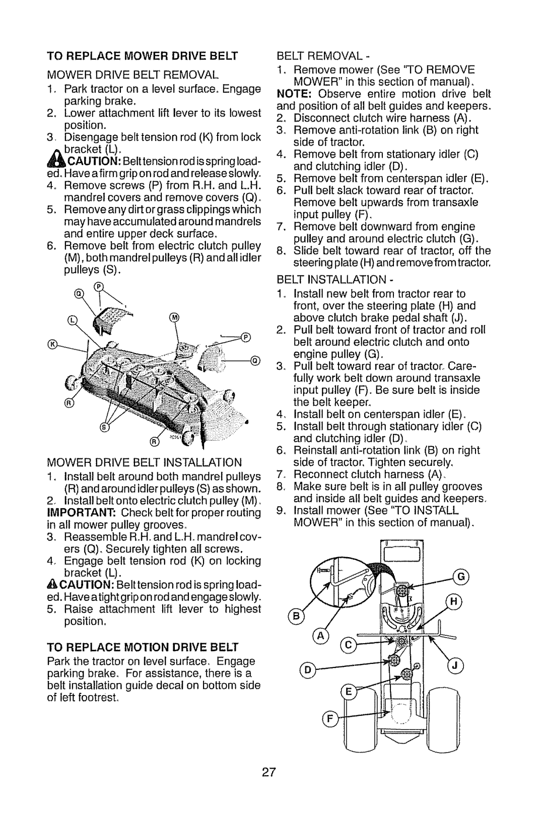 Craftsman 917.28945 owner manual To Replace Mower Drive Belt, To Replace Motion Drive Belt 