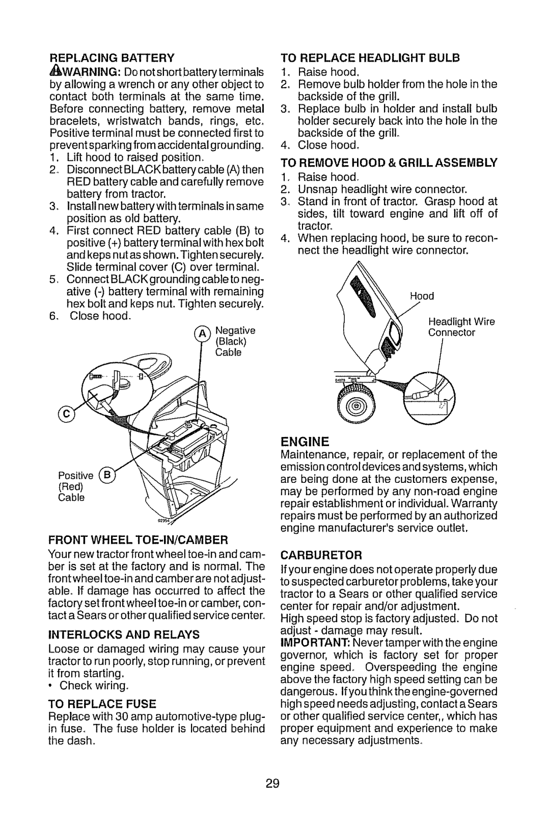 Craftsman 917.28945 Replacing Battery, Interlocks and Relays, To Replace Headlight Bulb, To Remove Hood & Grill Assembly 