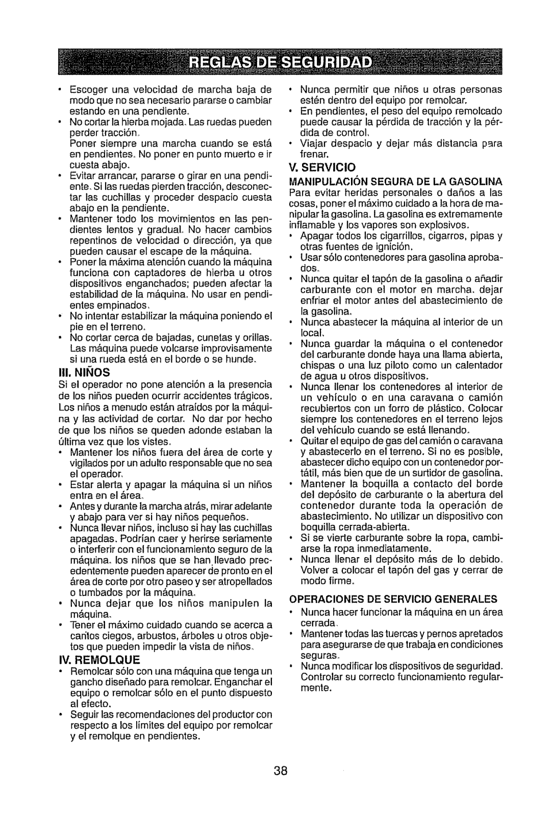 Craftsman 917.28945 owner manual III, Niiios, IV. Remolque, Operaciones DE Servicio Generales 