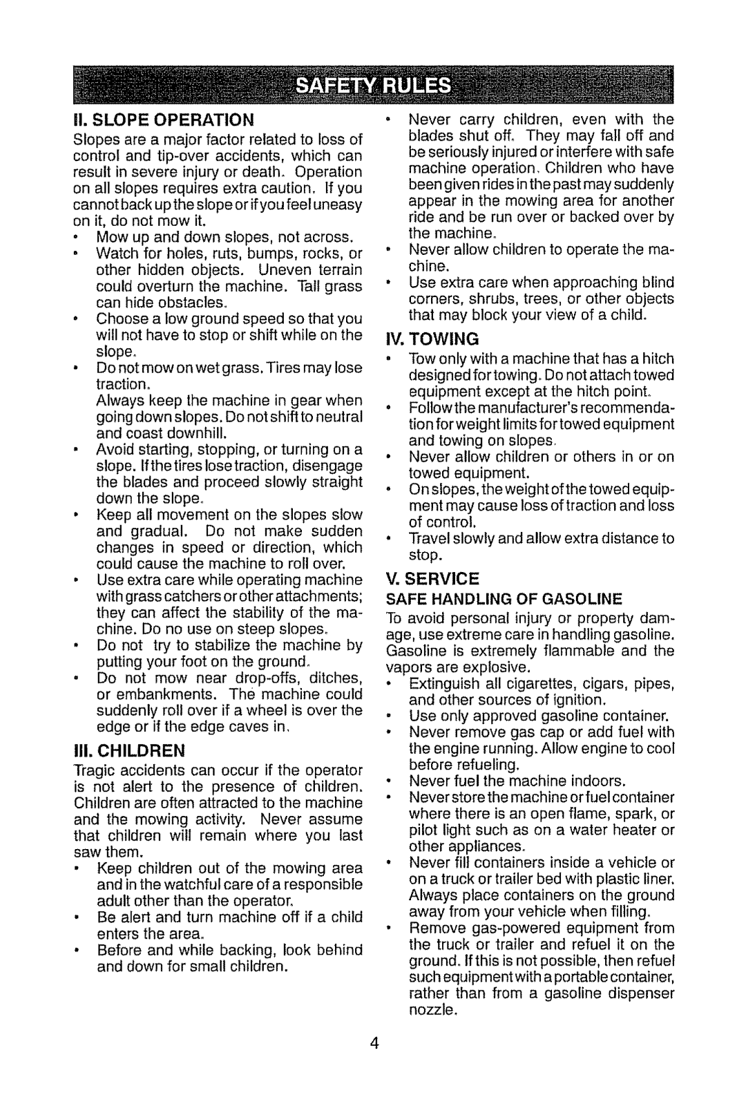 Craftsman 917.28945 owner manual Slope Operation, 11, Children, IV, Towing, Service, Safe Handling of Gasoline 