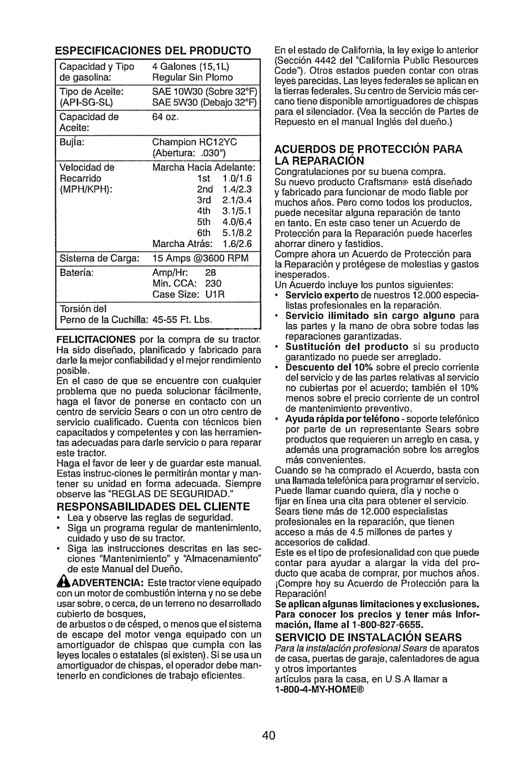 Craftsman 917.28945 owner manual Especificaciones DEL Producto, Acuerdos DE Proteccion Para LA Reparacion 