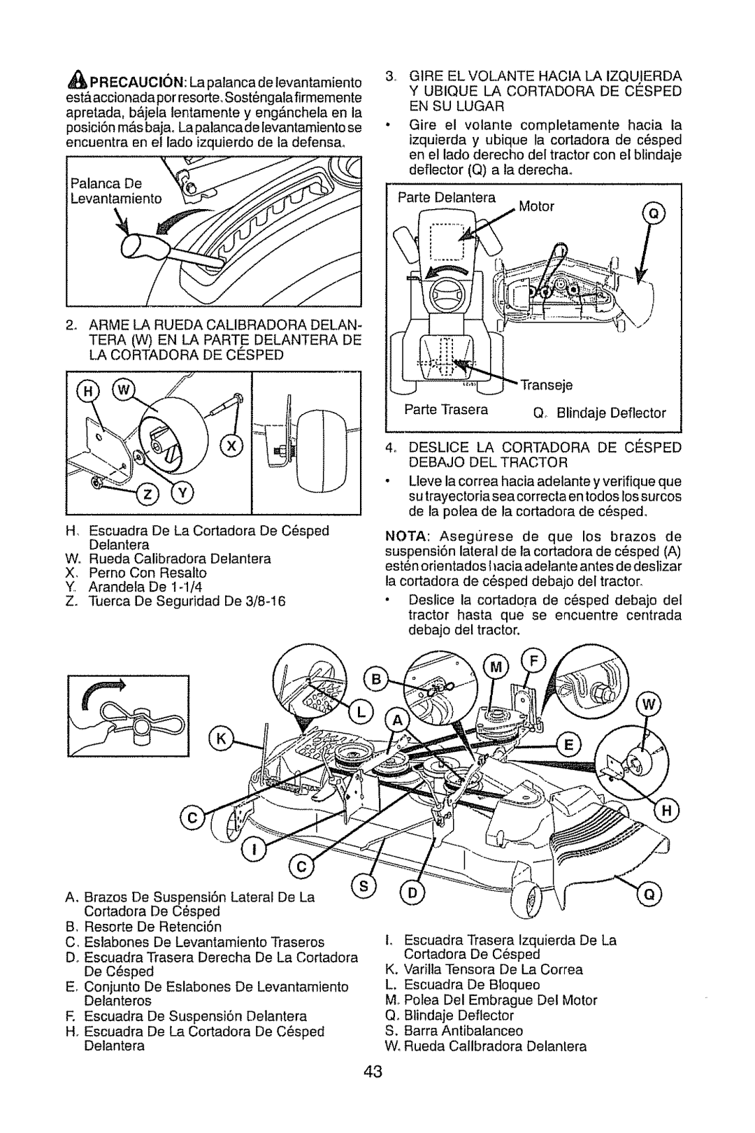 Craftsman 917.28945 owner manual Motor, Deslice LA Cortadora DE Cesped Debajo DEL Tractor 