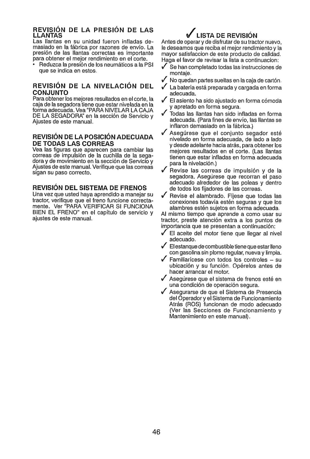 Craftsman 917.28945 owner manual Revision DE LA Presion DE LAS Llantas, Revision DE LA NIVELAClON DEL, Conjunto 