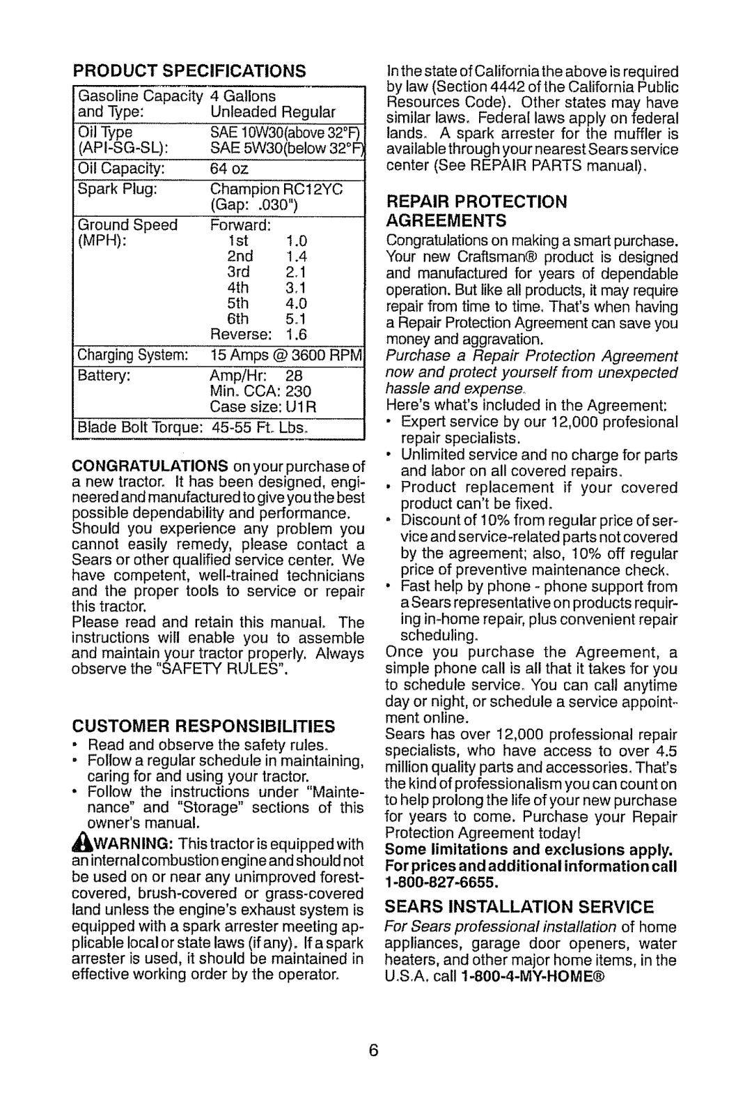 Craftsman 917.28945 owner manual Customer Responsibilities, Repair Protection 