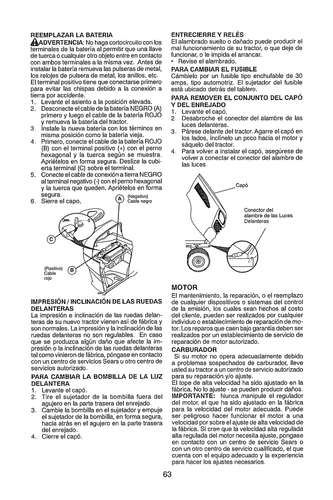 Craftsman 917.28945 Reemplazar LA Bateria, Impresion / Inclinacion DE LAS Ruedas Delanteras, Entrecierre Y Reles, Motor 