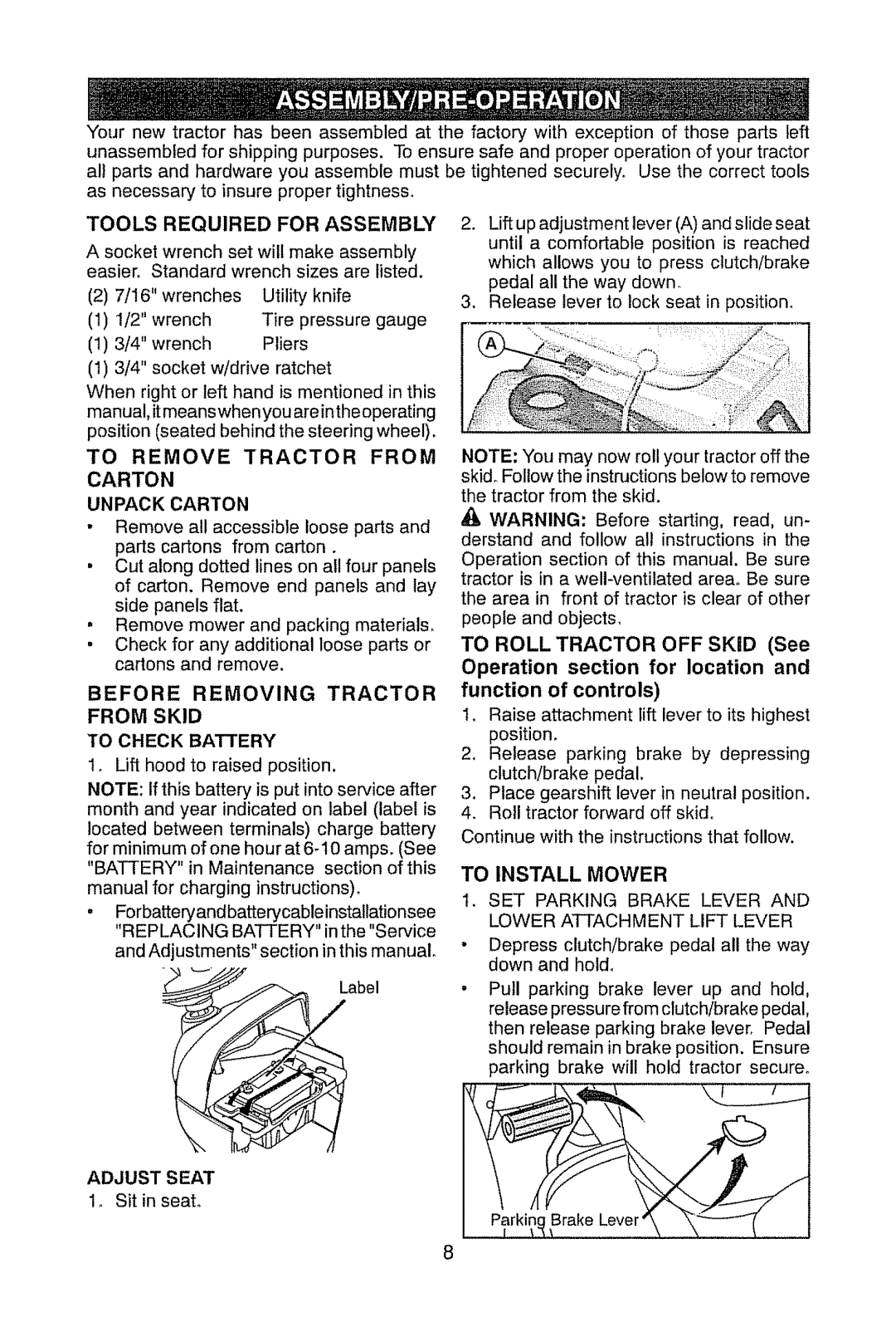 Craftsman 917.28945 owner manual To Remove Tractor from Carton, Unpack Carton, To Check Battery 