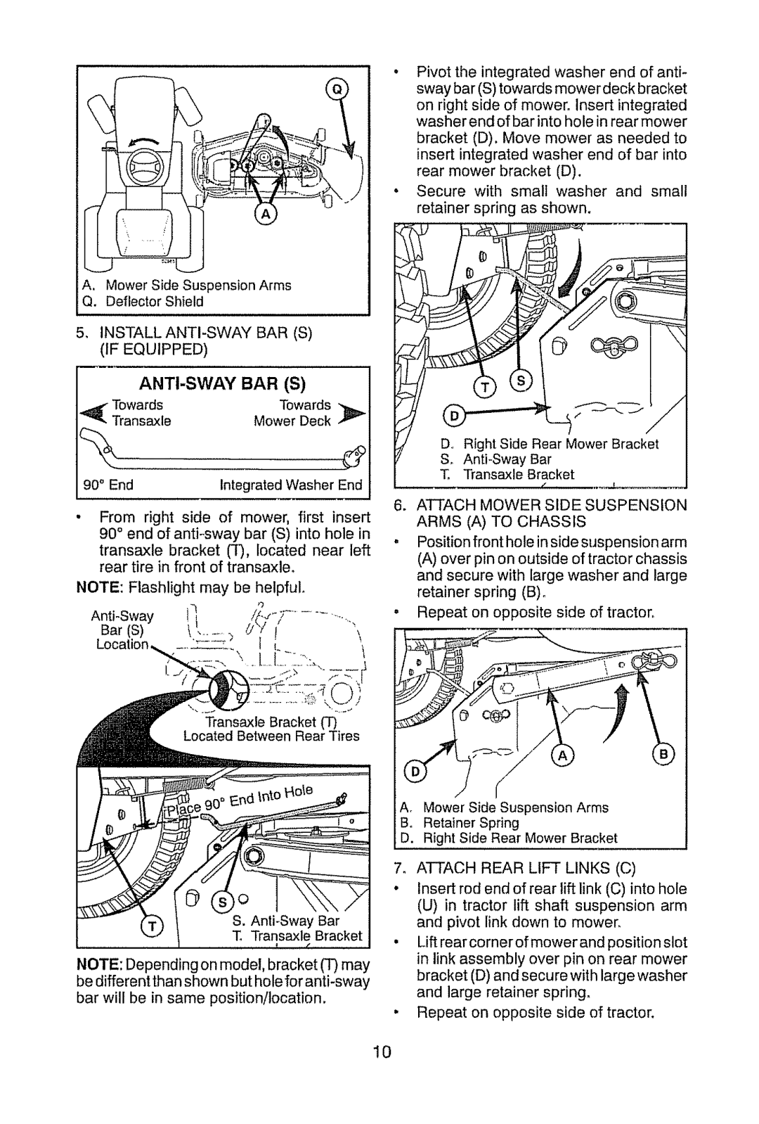 Craftsman 917.289470 Install ANTI-SWAY BAR S If Equipped, Anti-Sway Bar S, Attach Mower Side Suspension Arms a to Chassis 