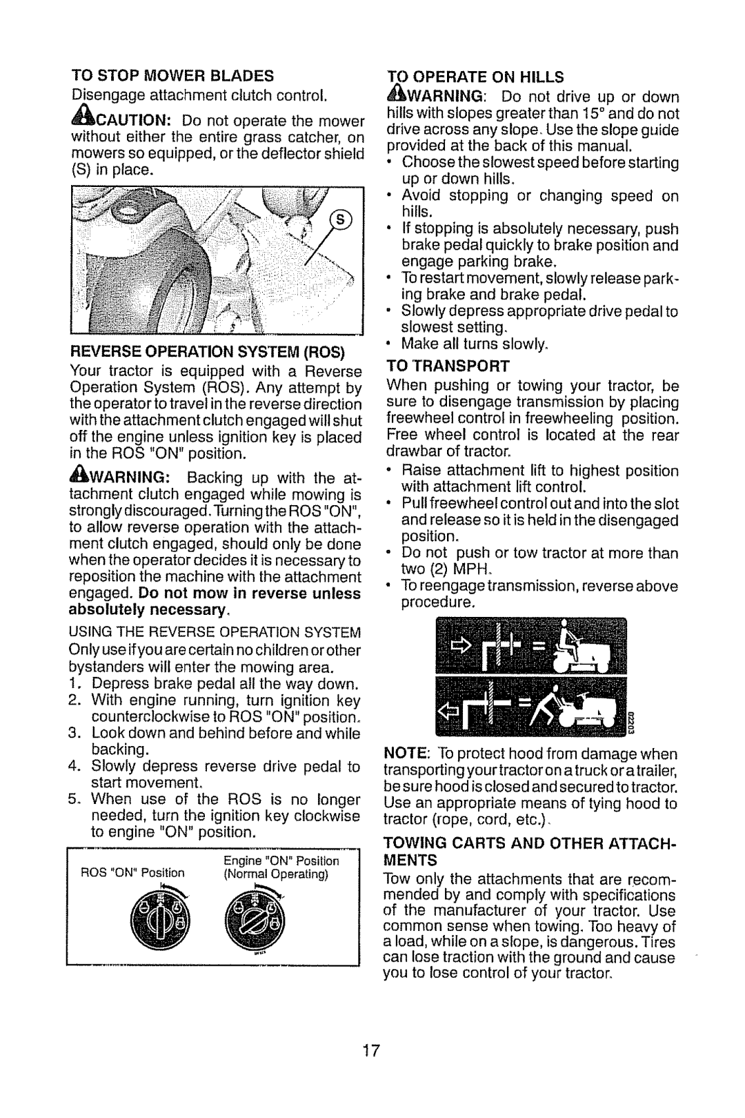 Craftsman 917.289470 manual To Stop Mower Blades, Reverse Operation System ROS, Ments 