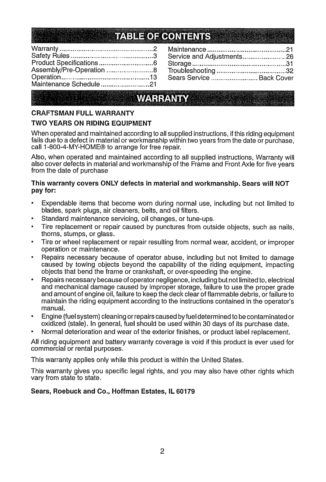 Craftsman 917.289470 Craftsman Full Warranty TWO Years on Riding Equipment, Sears, Roebuck and Co., Hoffman Estates, IL 