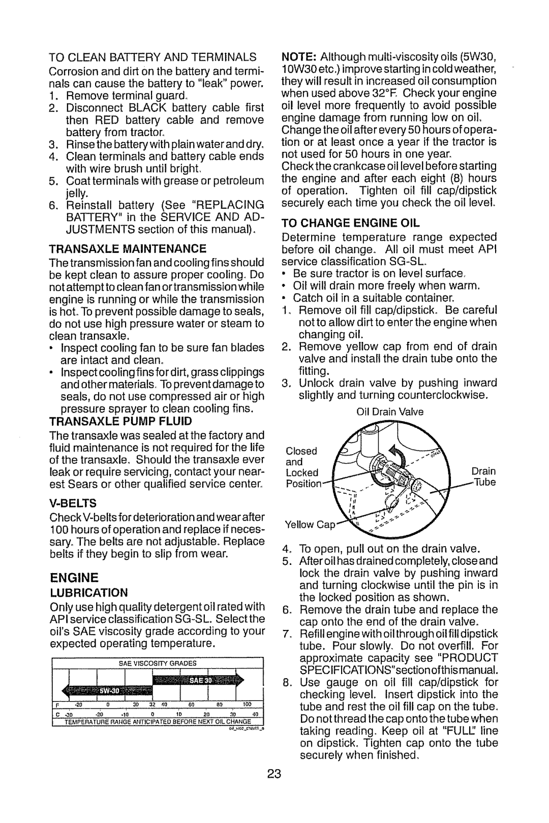 Craftsman 917.28947 manual Transaxlemaintenance, Transaxle Pump Fluid, Belts, Engine Lubrication, To Change Engine OIL 