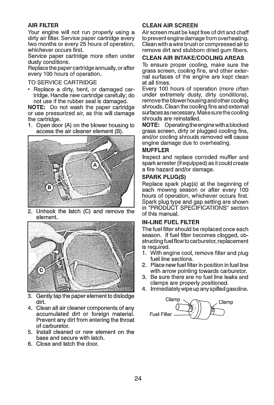 Craftsman 917.289470 manual AIR Filter, Muffler, IN-LINE Fuel Filter 