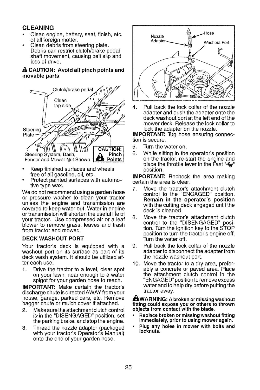 Craftsman 917.289470 manual Cleaning, Movable parts, Deck Washoutport 