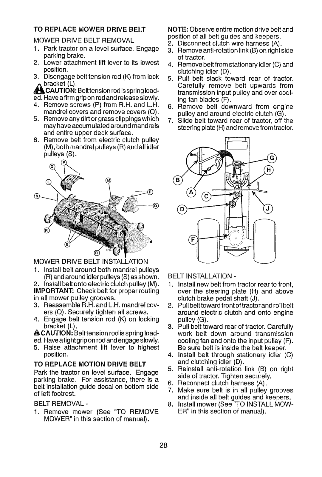 Craftsman 917.289470 manual To Replace Mower Drive Belt, Mower Drive Belt Removal, To Replace Motion Drive Belt 