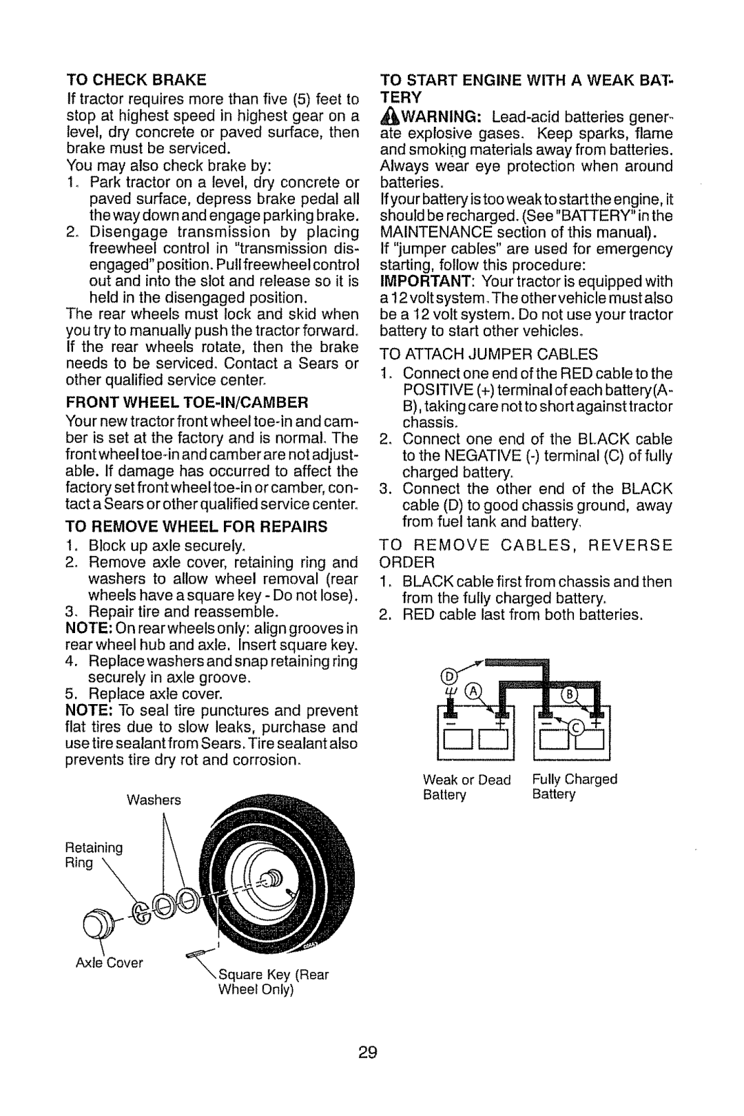 Craftsman 917.289470 manual To Check Brake, Front Wheel TOE-IN/CAMBER, To Start Engine with a Weak BAT- Tery 