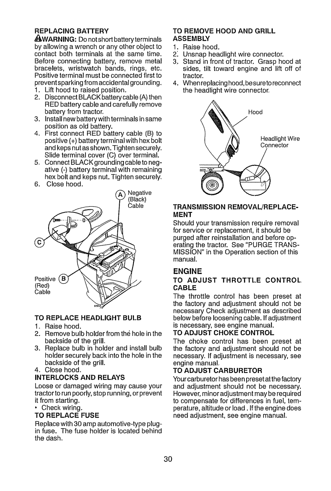 Craftsman 917.289470 Replacing Battery, Interlocks and Relays, To Remove Hood and Grill, To Adjust Throttle Control Cable 