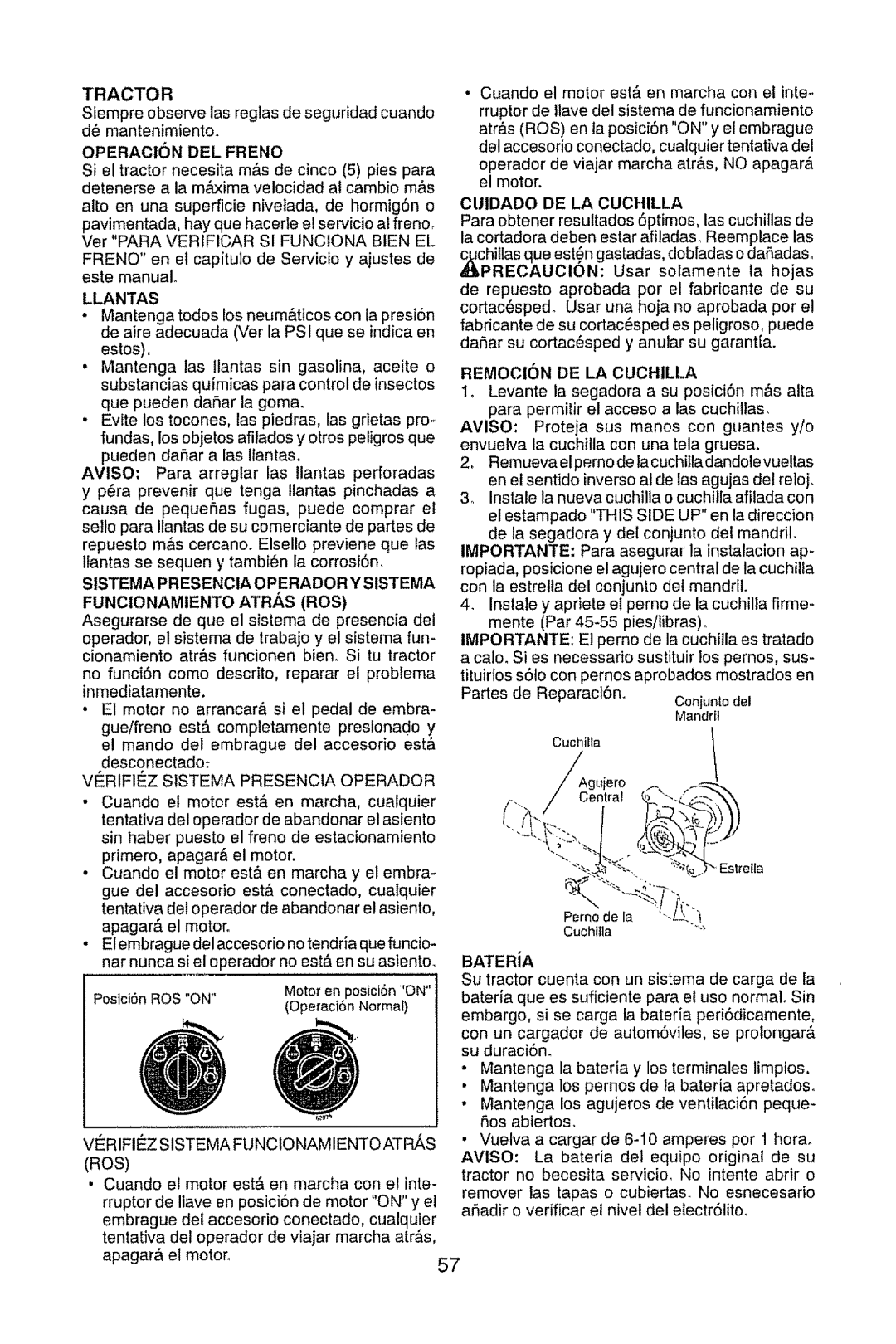 Craftsman 917.28947 Llantas, VERIF1EZ Sistema Presencia Operador, Cuidado DE LA Cuchilla, Remocion DE LA Cuchilla, Ros 